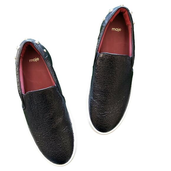 MAJE Finyl cracked leather studded slip on low top shiny black sneakers 38 NEW - Picture 3 of 8